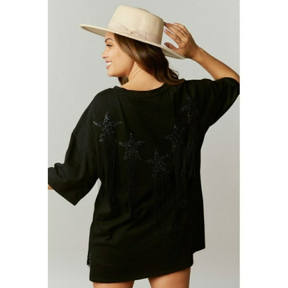 This Ain't Texas Fringed Star Sequin Patch Tee in Black - Picture 3 of 7